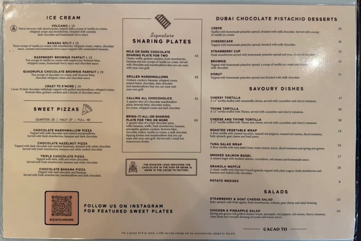 Menu, CACAO 70 Eatery
