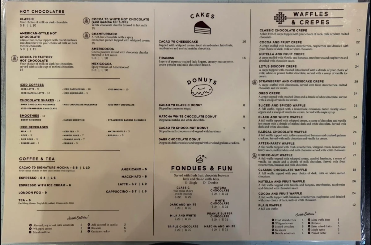 Menu, CACAO 70 Eatery
