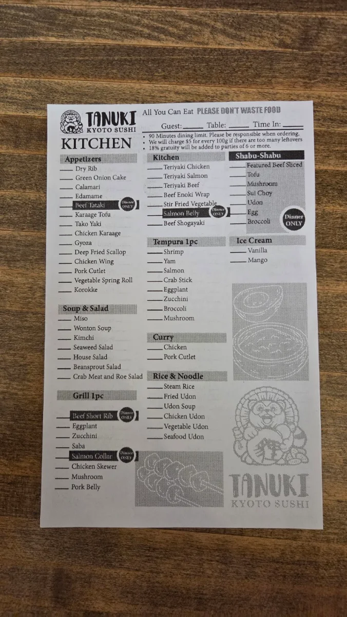 Menu, Tanuki Kyoto Sushi