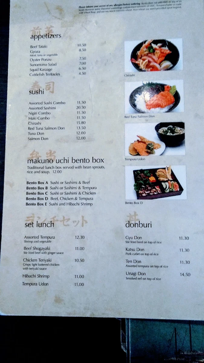 Menu, Tanuki Kyoto Sushi