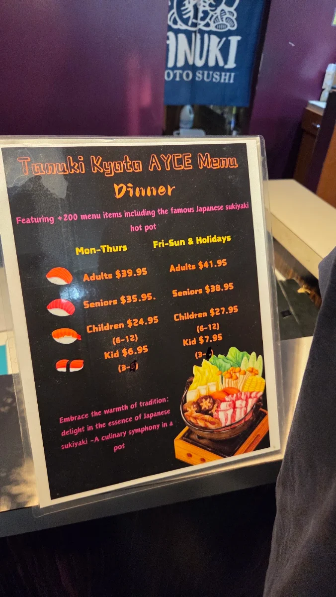 Menu, Tanuki Kyoto Sushi