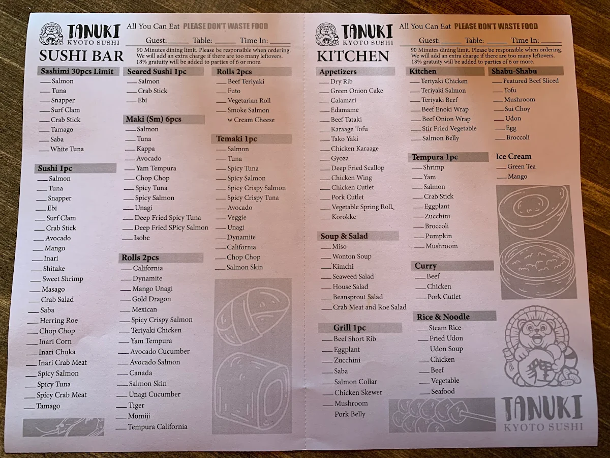Menu, Tanuki Kyoto Sushi