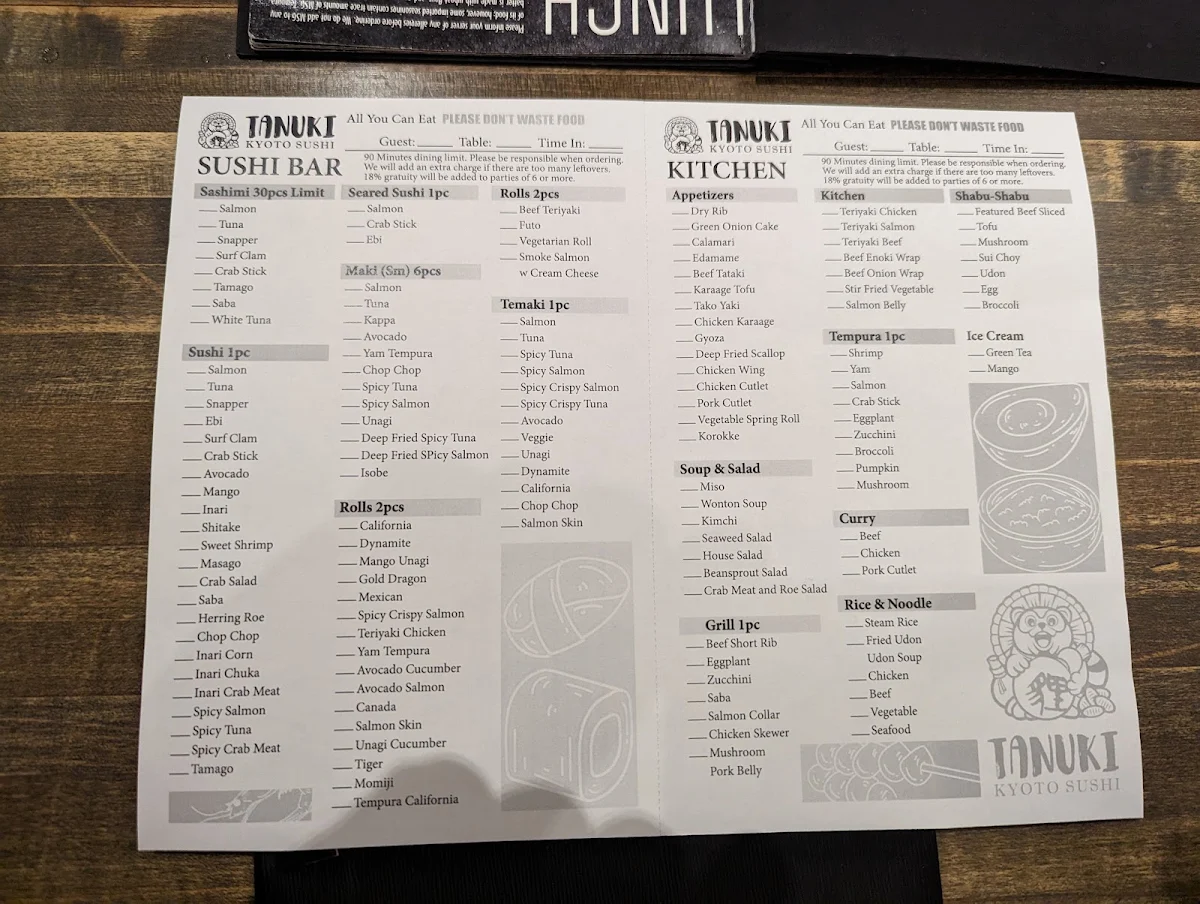 Menu, Tanuki Kyoto Sushi
