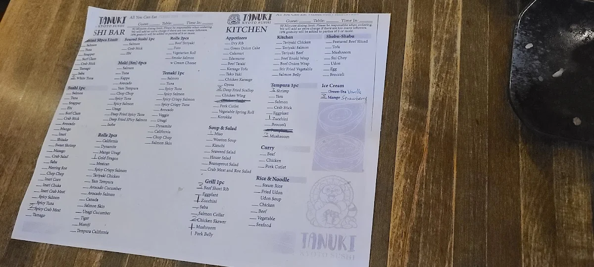 Menu, Tanuki Kyoto Sushi
