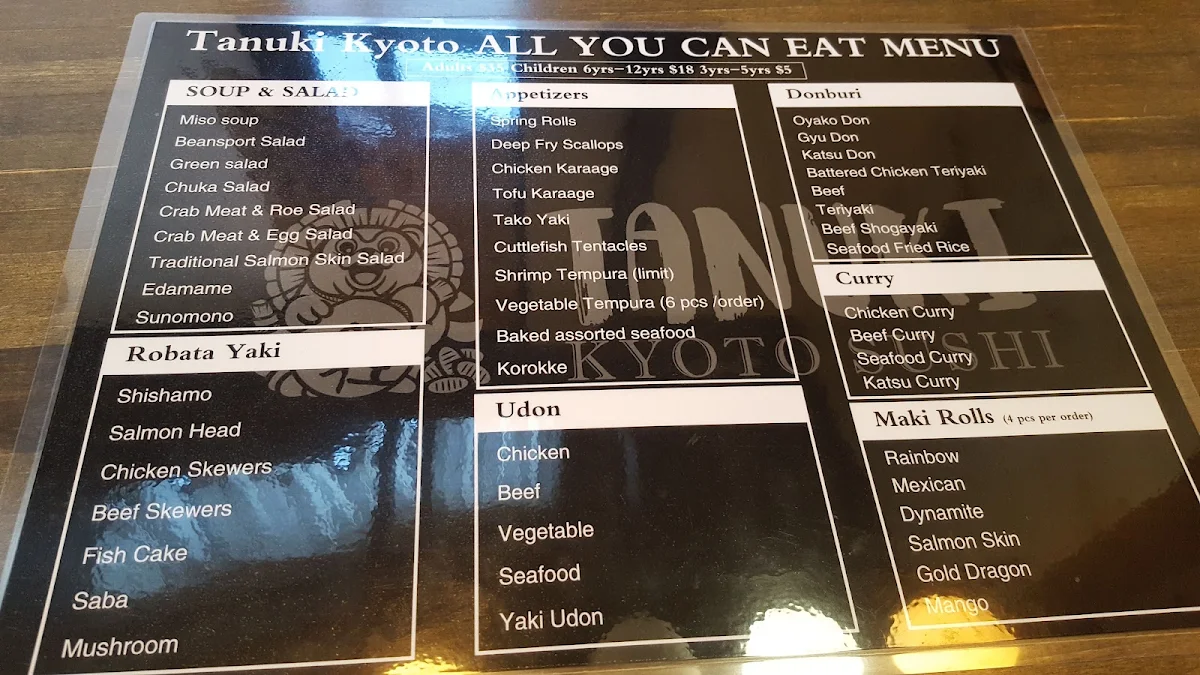 Menu, Tanuki Kyoto Sushi