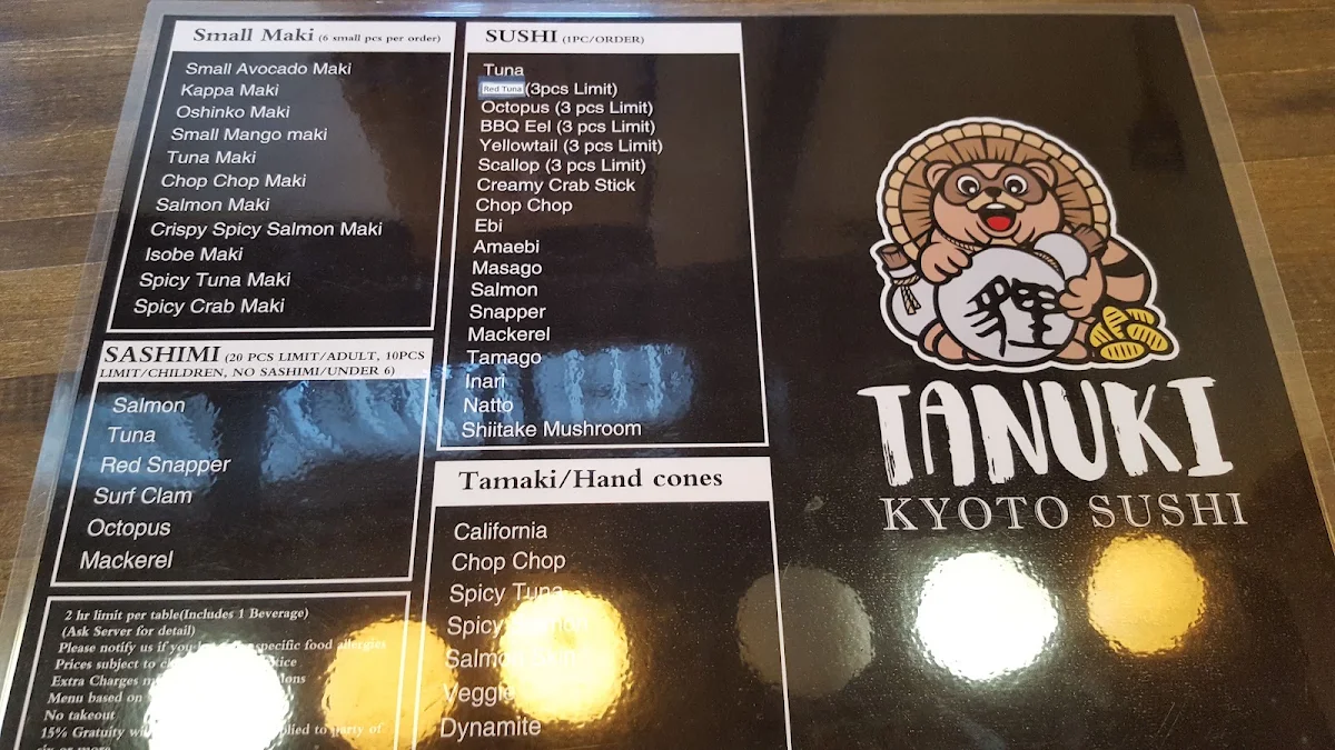 Menu, Tanuki Kyoto Sushi