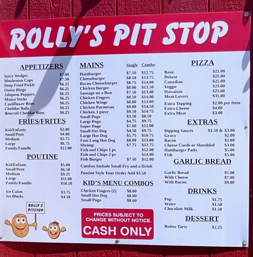 Menu, Rollys Pitstop