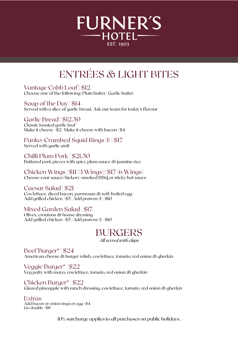 Menu, Furner's Hotel