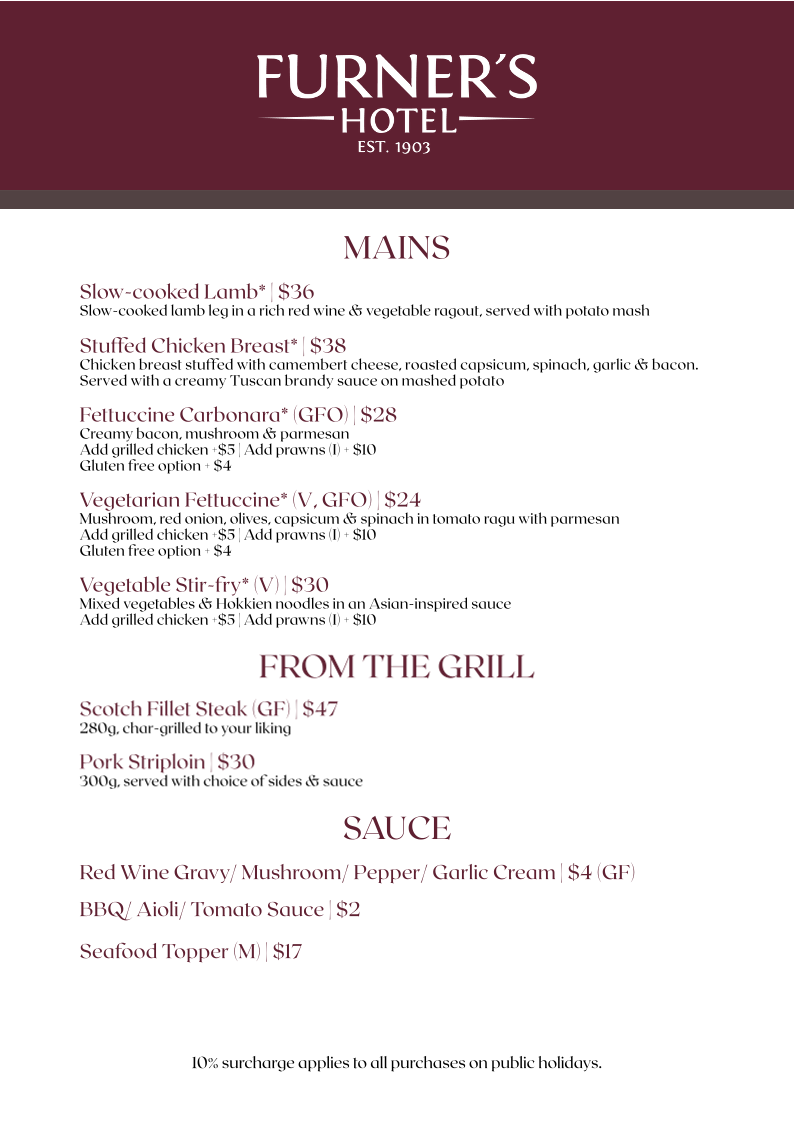 Menu, Furner's Hotel