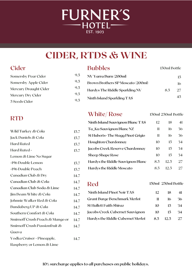 Menu, Furner's Hotel