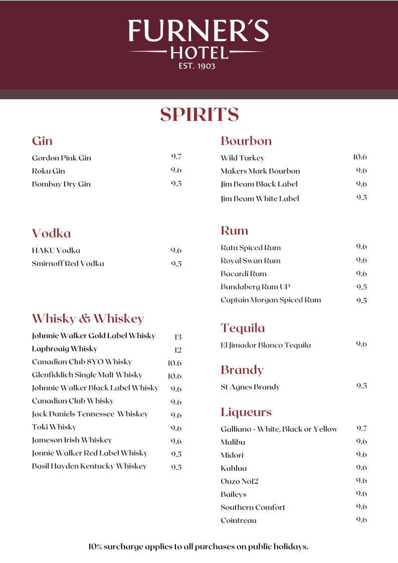 Menu, Furner's Hotel