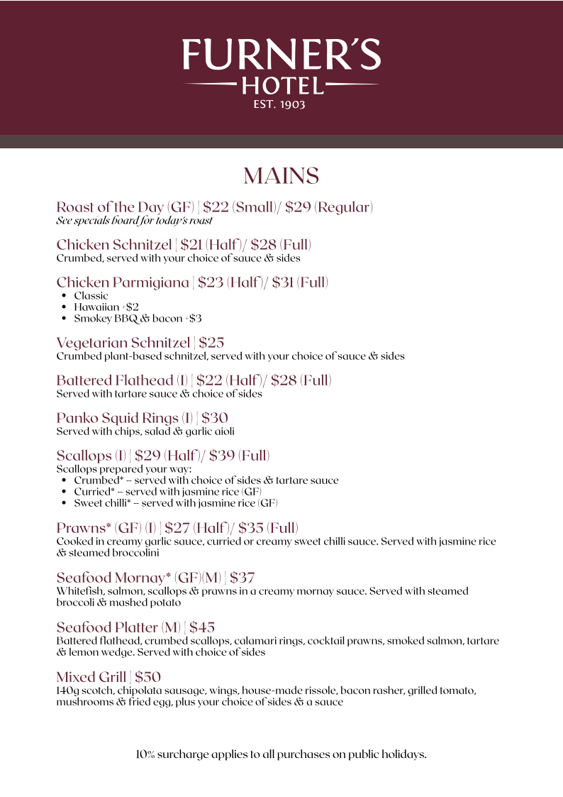 Menu, Furner's Hotel