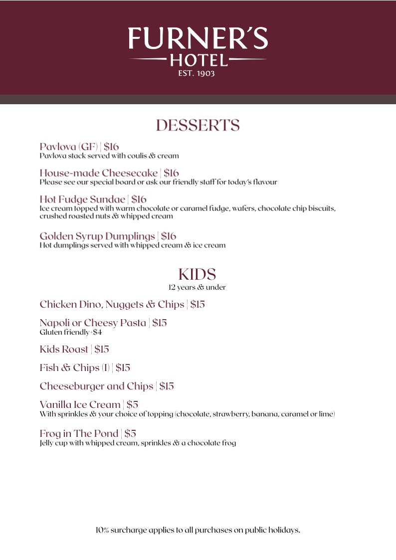 Menu, Furner's Hotel
