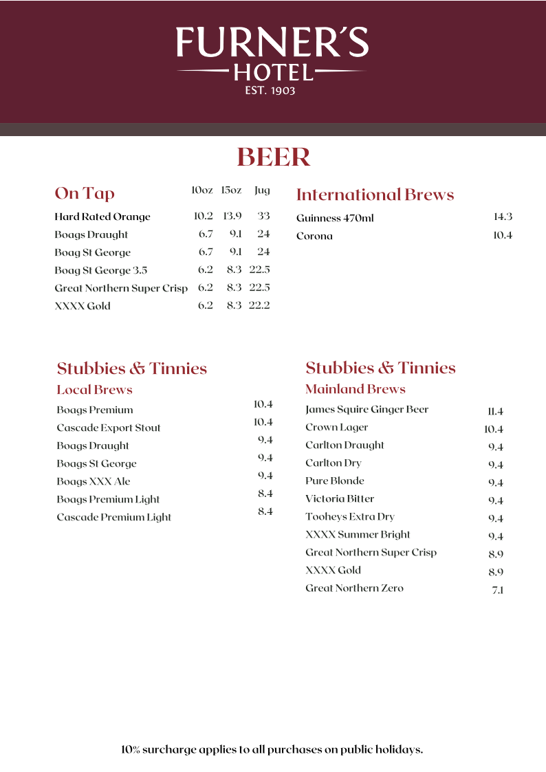 Menu, Furner's Hotel
