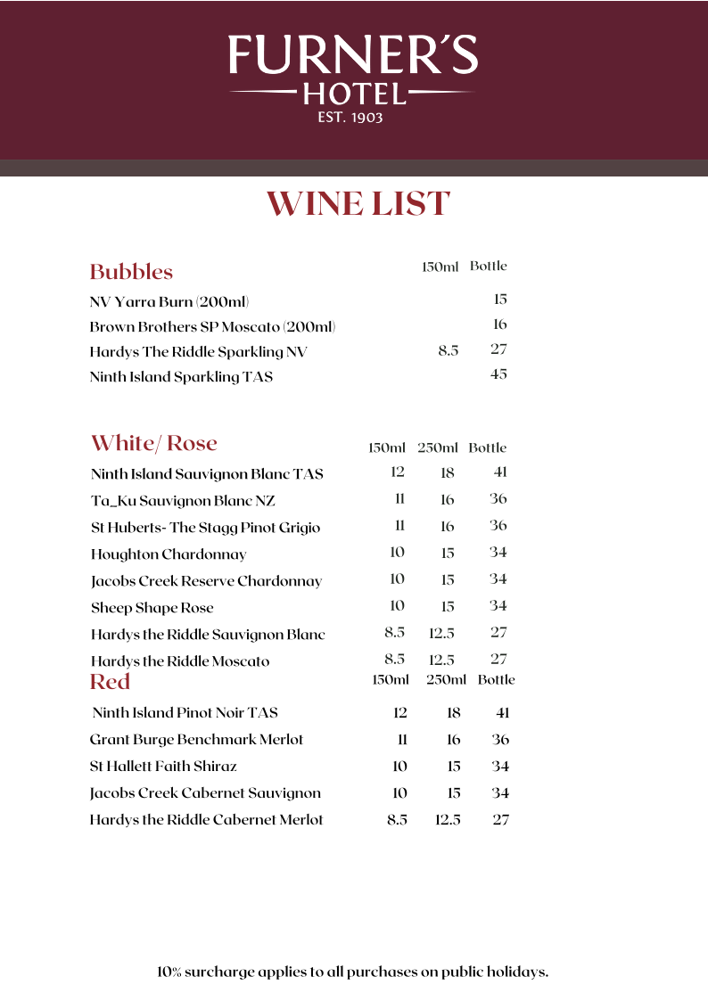 Menu, Furner's Hotel