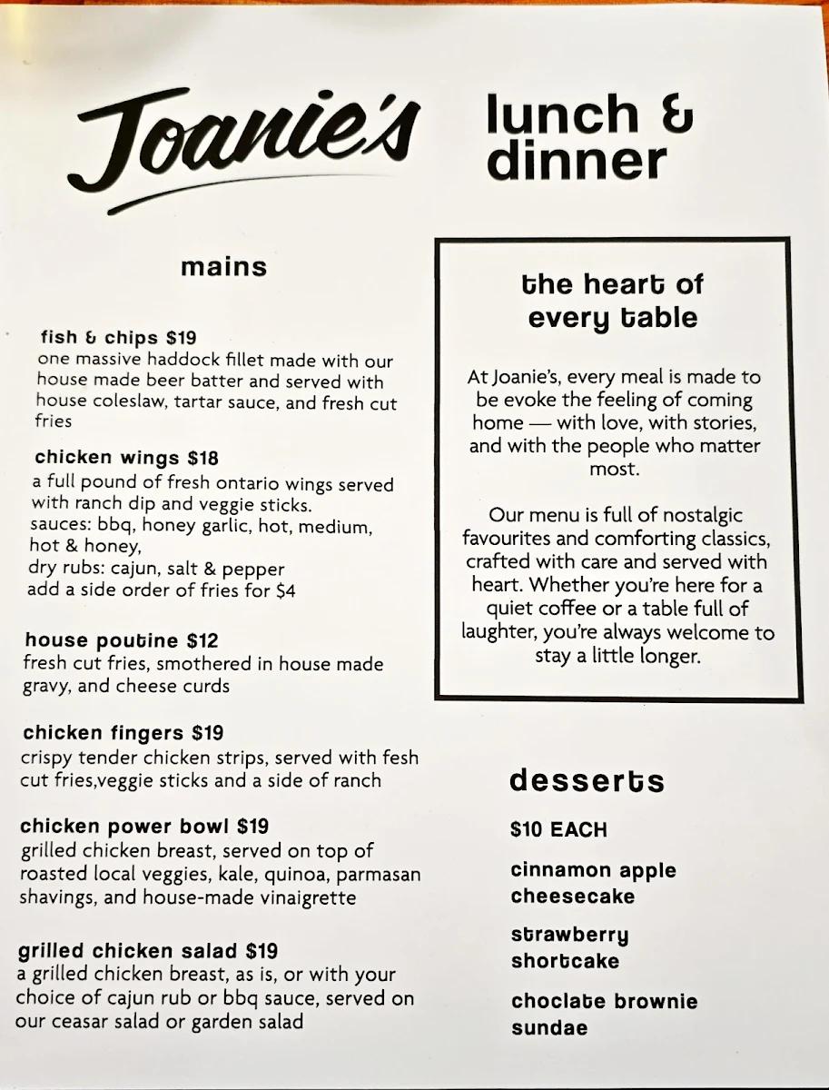 Menu, Joanie’s Neighbourhood Restaurant