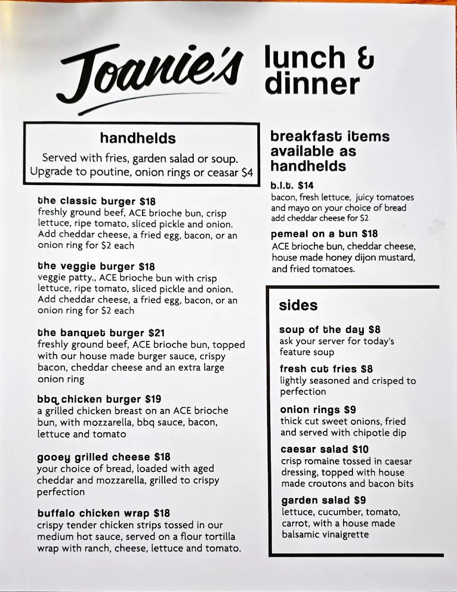 Menu, Joanie’s Neighbourhood Restaurant