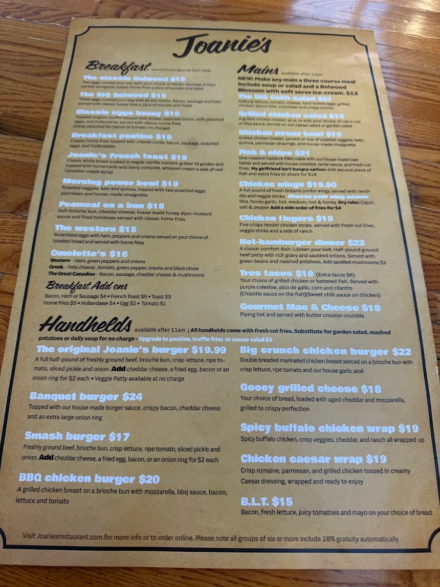 Menu, Joanie’s Neighbourhood Restaurant