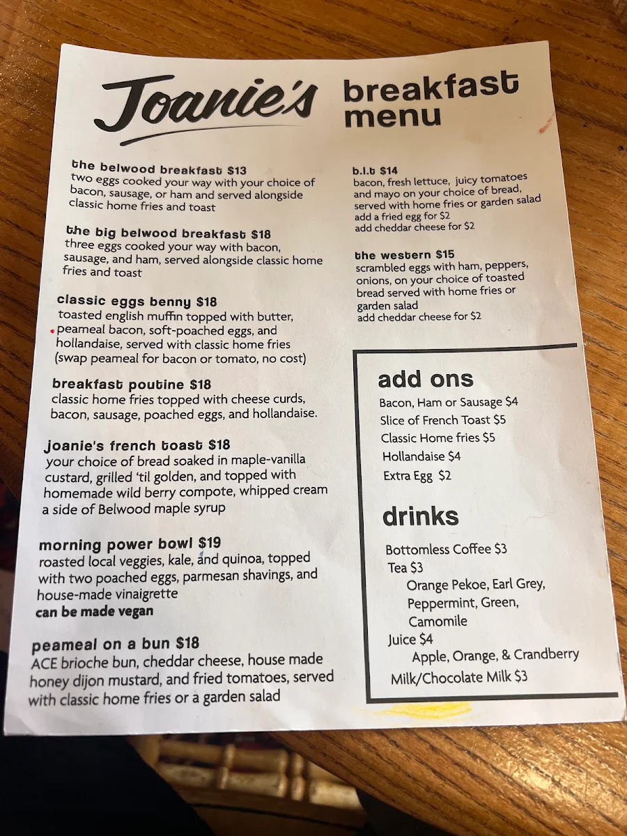 Menu, Joanie’s Neighbourhood Restaurant