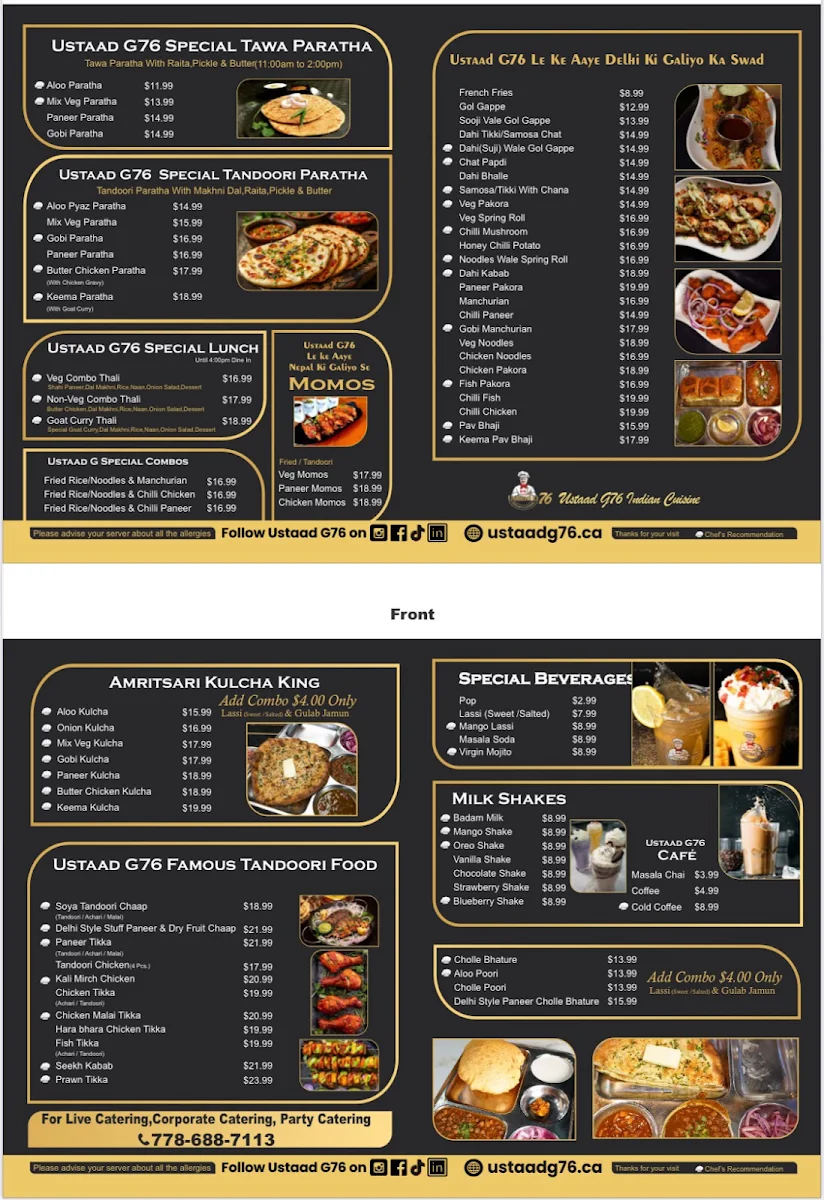 Menu, USTAAD G76 SOUTH SURREY