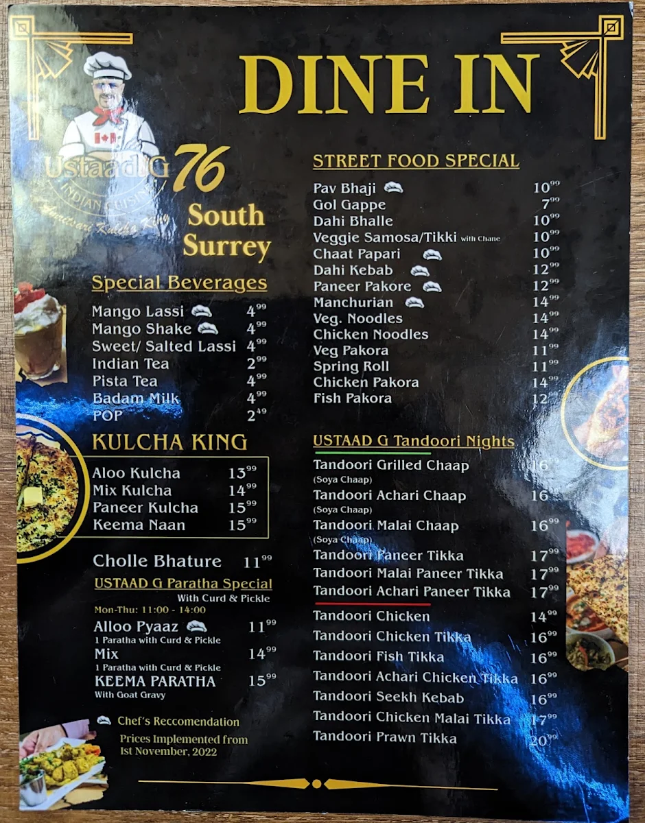 Menu, USTAAD G76 SOUTH SURREY