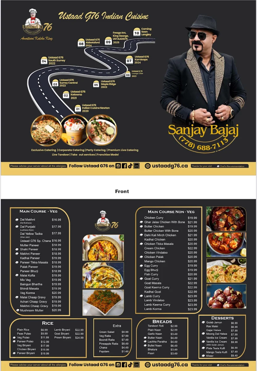 Menu, USTAAD G76 SOUTH SURREY