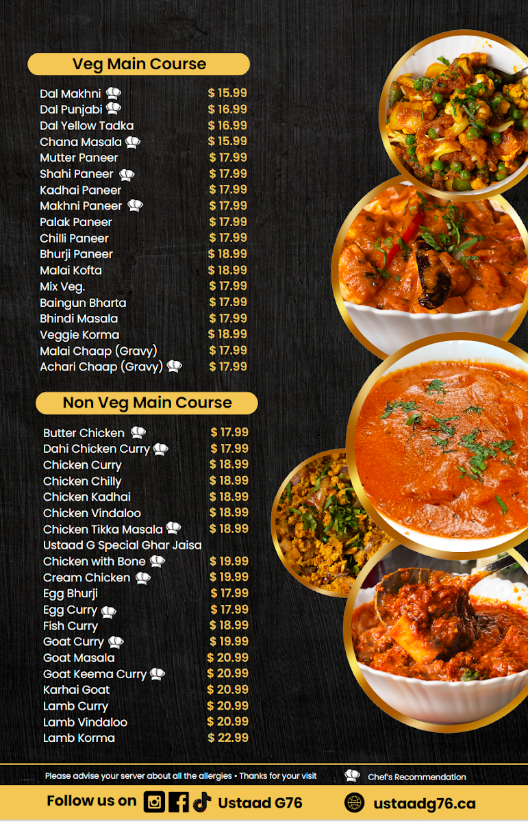 Menu, USTAAD G76 SOUTH SURREY