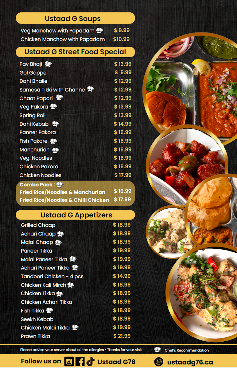 Menu, USTAAD G76 SOUTH SURREY