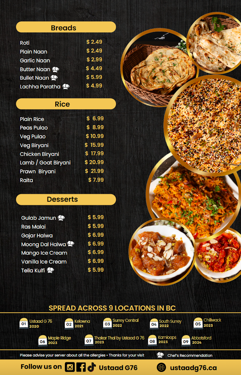 Menu, USTAAD G76 SOUTH SURREY