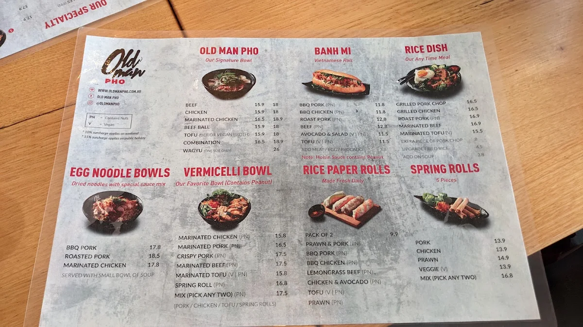 Menu, Old Man Pho Waurn Ponds - Vietnamese Restaurant