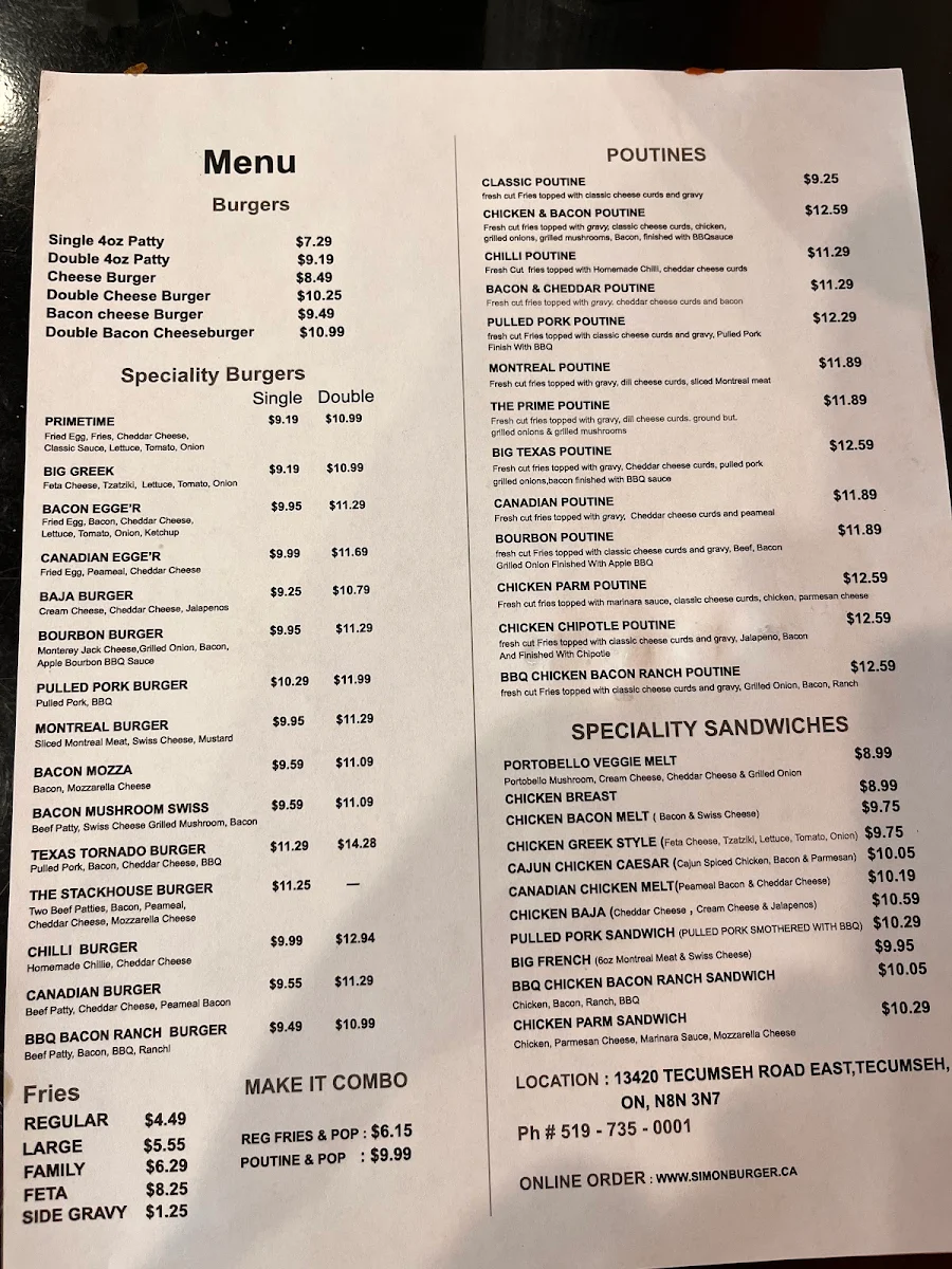 Menu, Simon’s Prime Hamburger