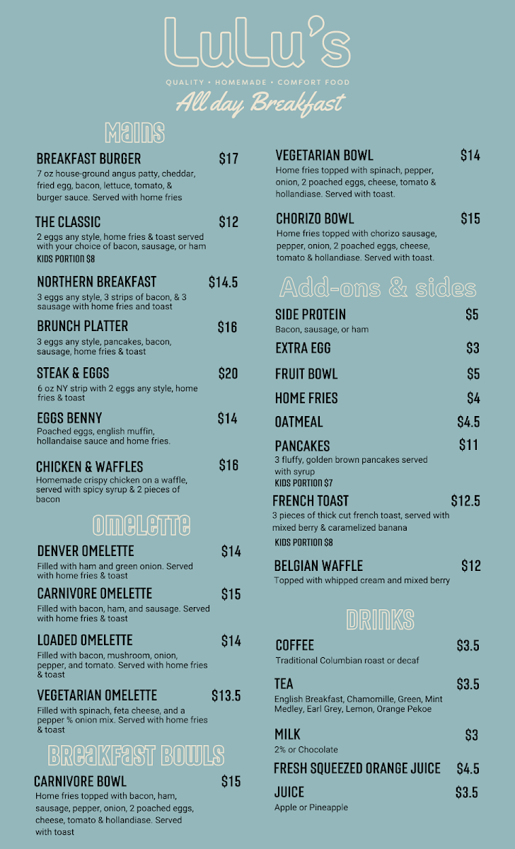 Menu, Lulu's Kitchen