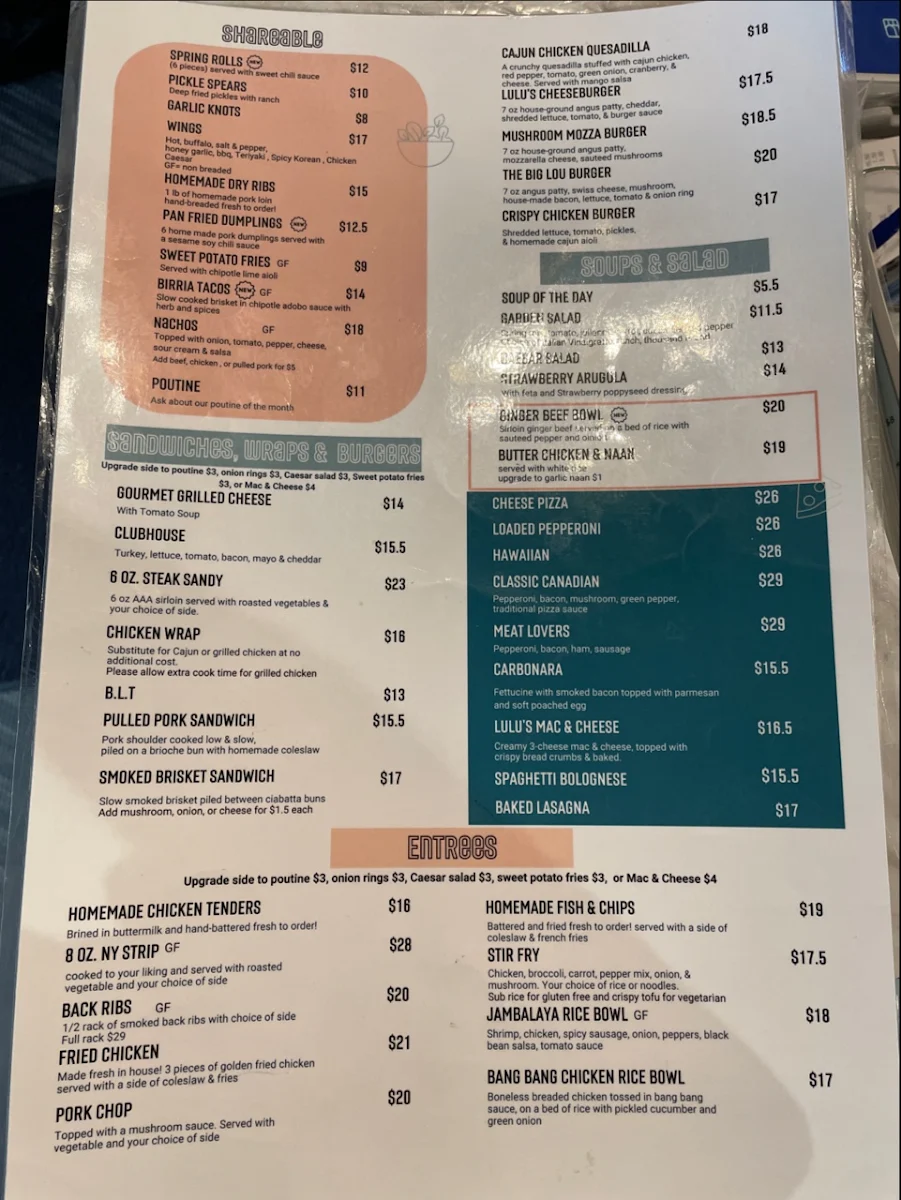 Menu, Lulu's Kitchen