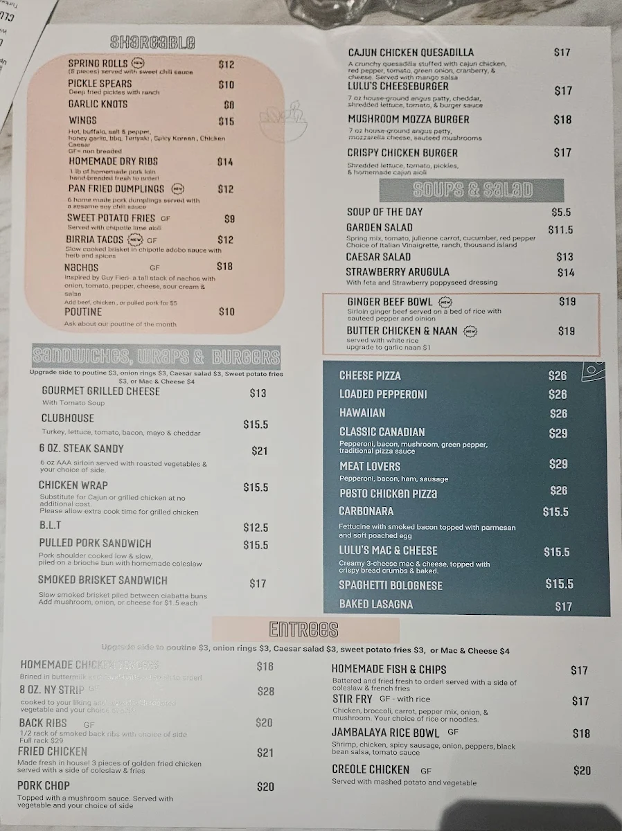 Menu, Lulu's Kitchen