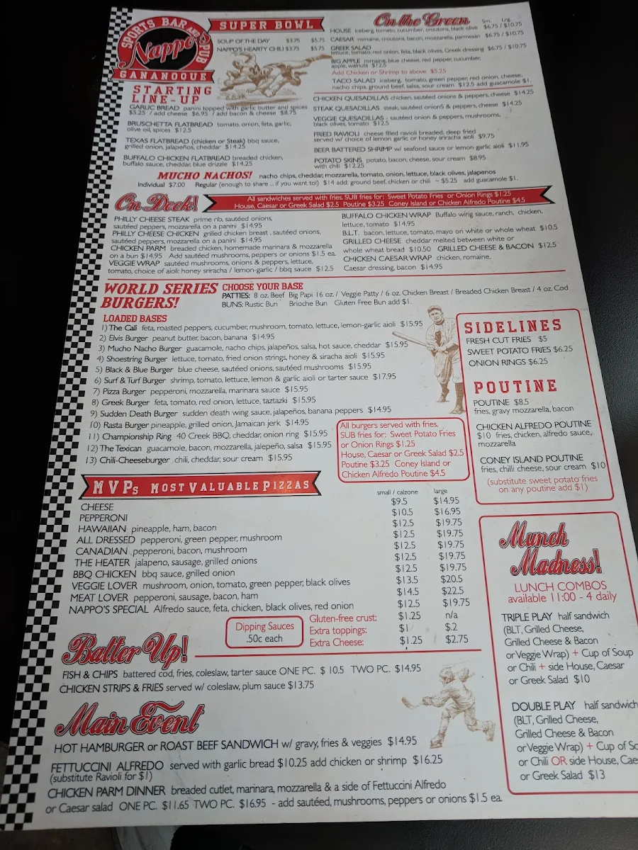 Menu, Nappo's Sports Bar and Pub