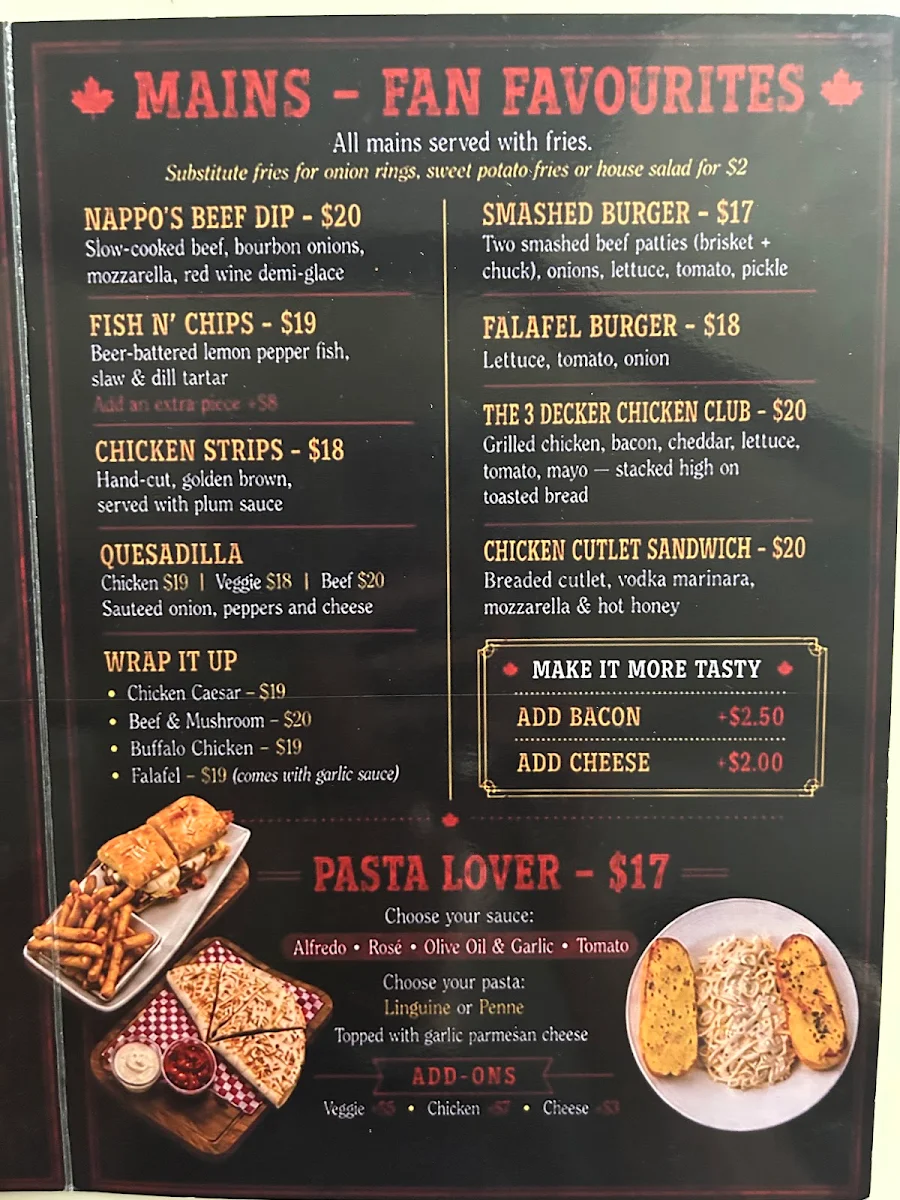 Menu, Nappo's Sports Bar and Pub