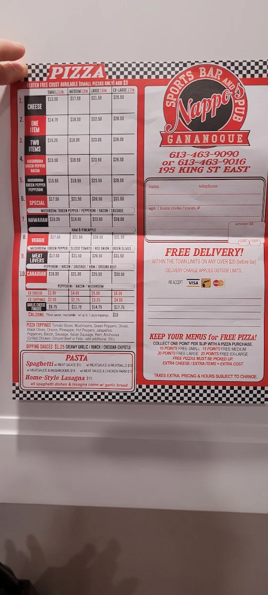 Menu, Nappo's Sports Bar and Pub