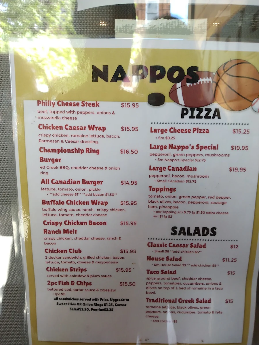 Menu, Nappo's Sports Bar and Pub