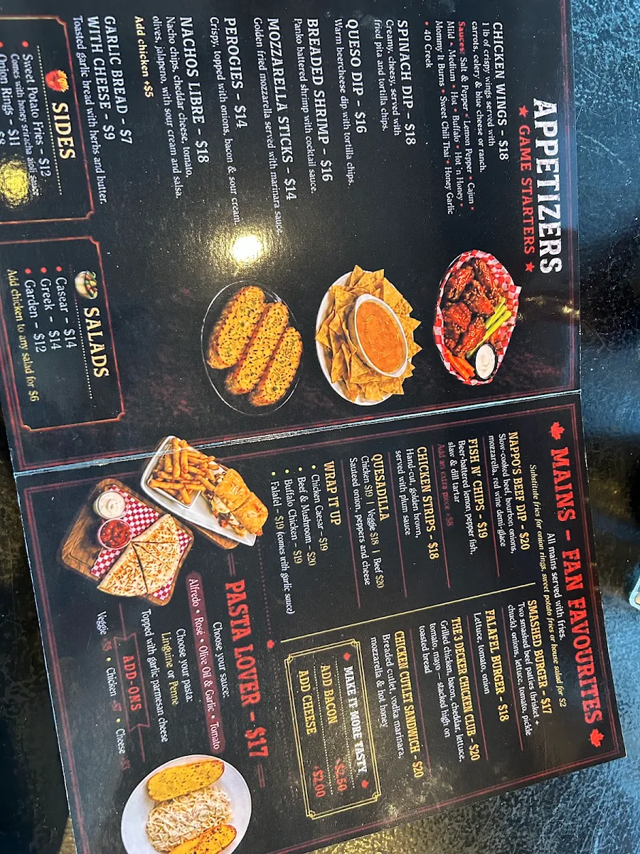 Menu, Nappo's Sports Bar and Pub