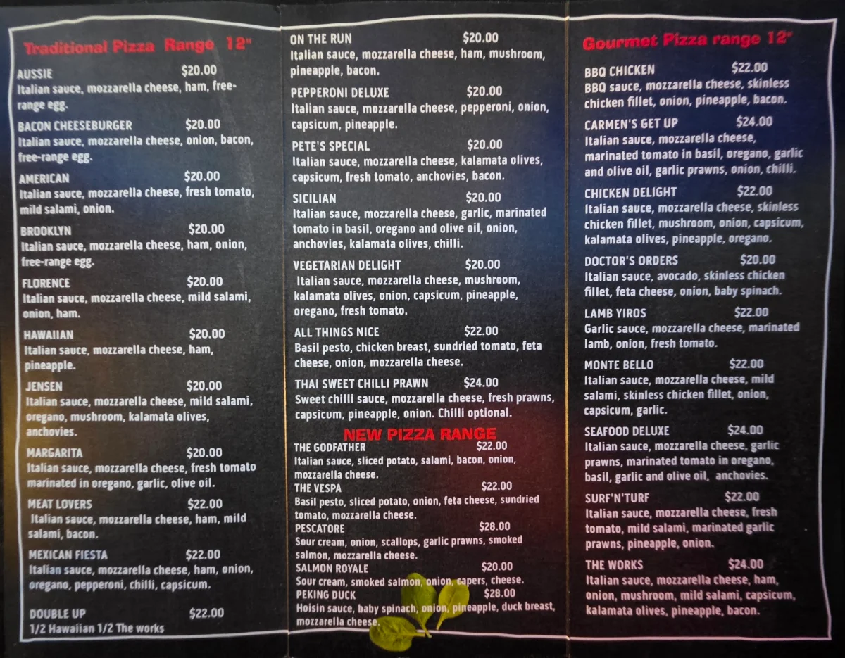 Menu, Monte Bello Pizza Takeaway