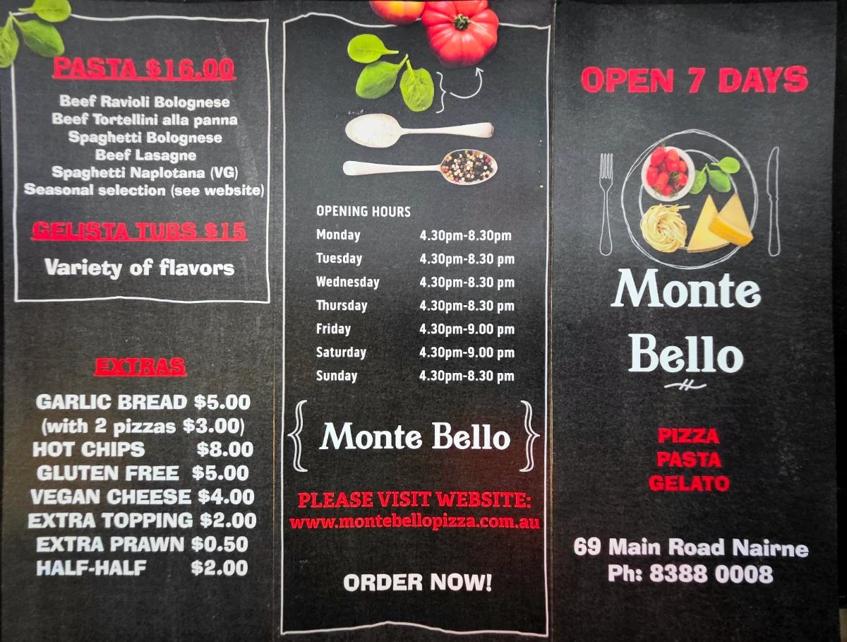 Menu, Monte Bello Pizza Takeaway