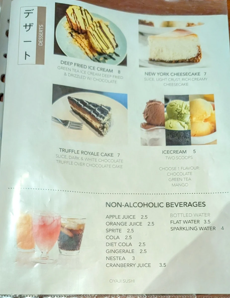 Menu, Oyaji Sushi (à la carte)