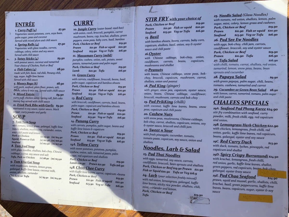 Menu, Thai by Night