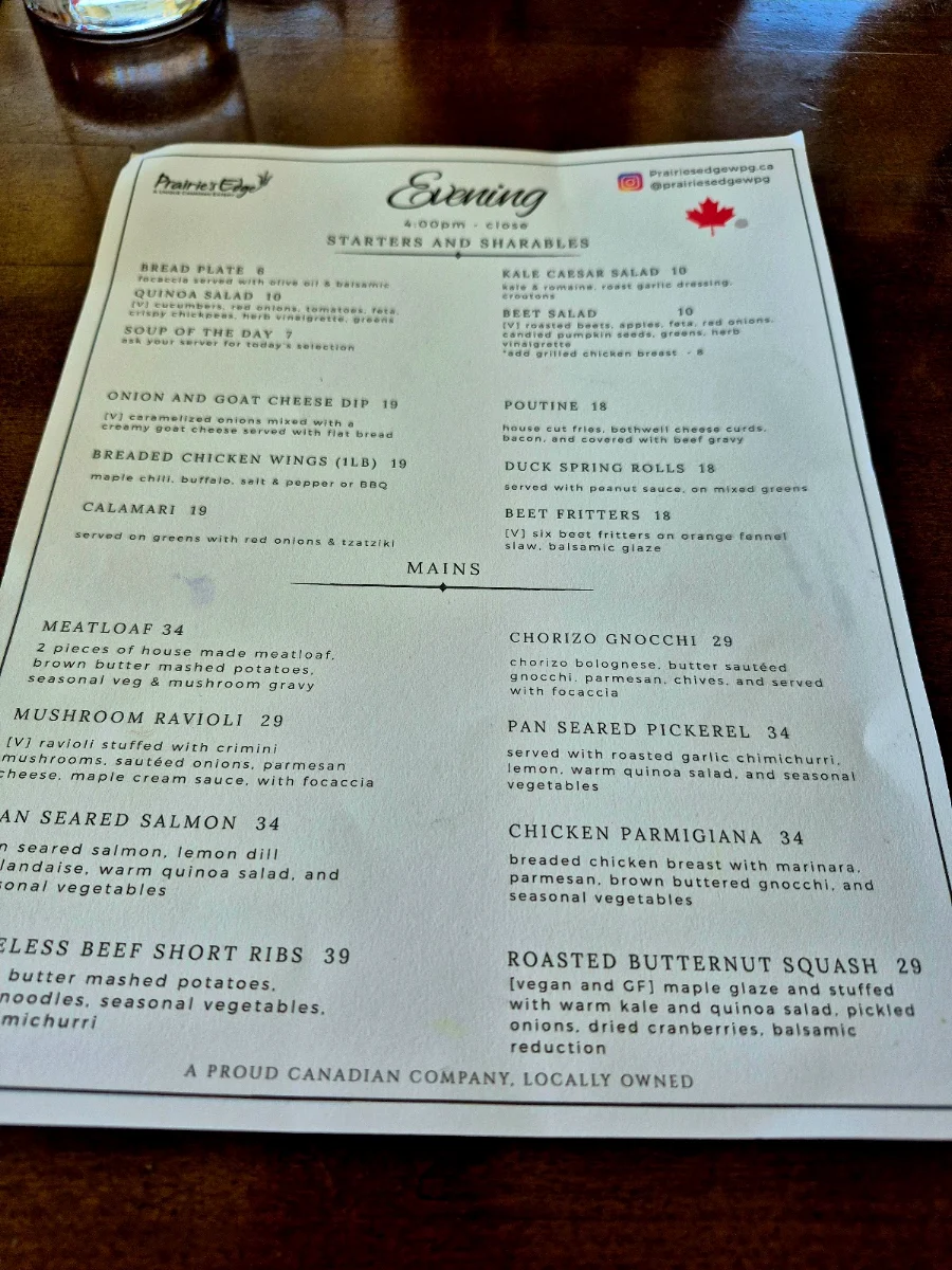 Menu, Prairie's Edge