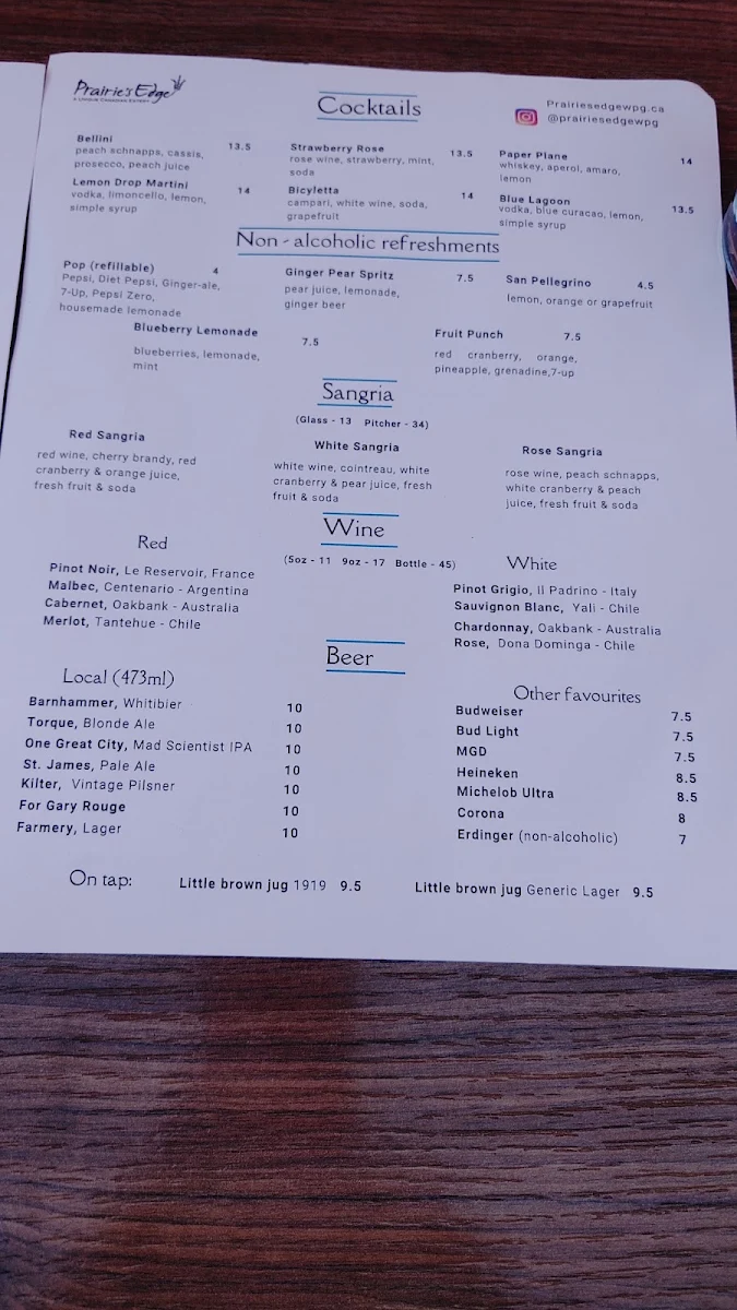 Menu, Prairie's Edge