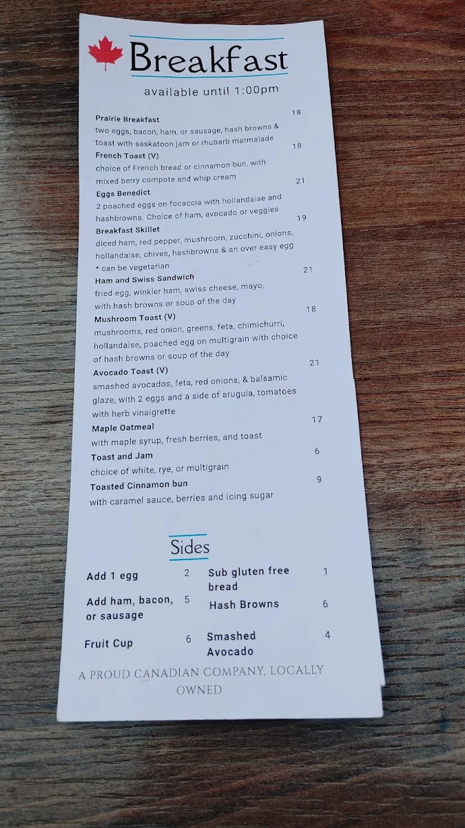 Menu, Prairie's Edge