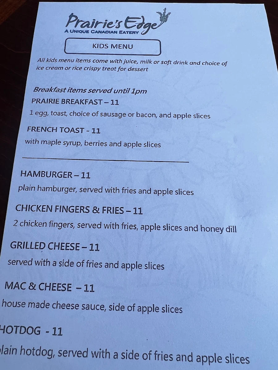 Menu, Prairie's Edge