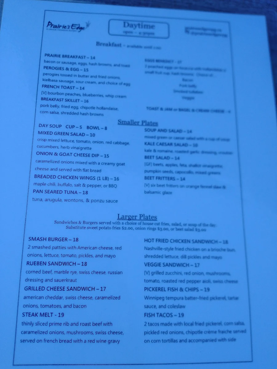 Menu, Prairie's Edge