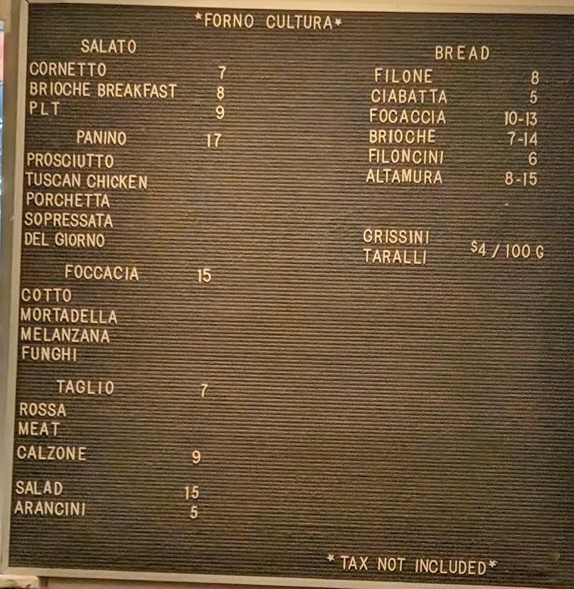Menu, Forno Cultura