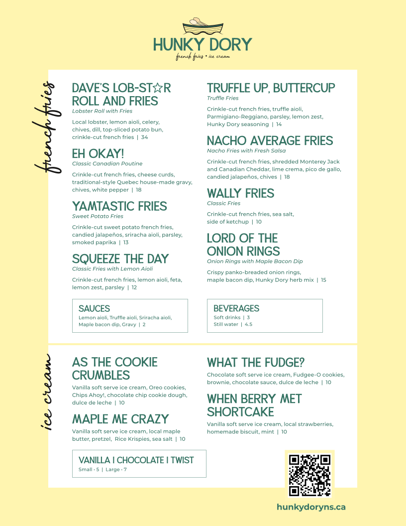 Menu, Hunky Dory